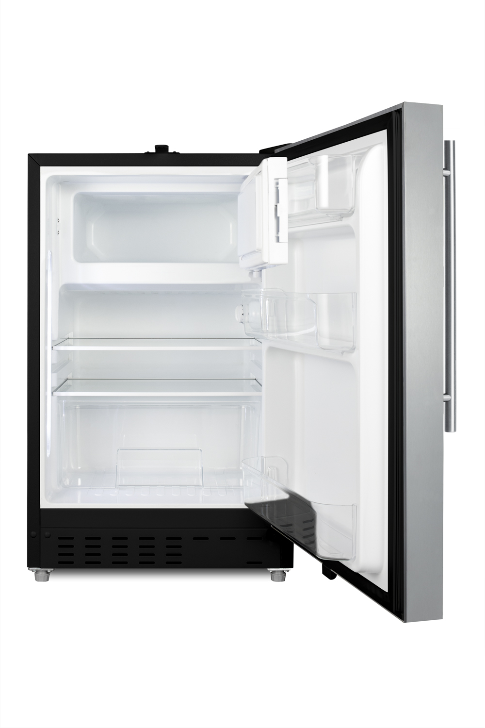 Built-in undercounter ADA compliant refrigerator-freezer with SS cabinet and door with a vertical handle for residential use, manual defrost with glass shelves, front lock, and door storage